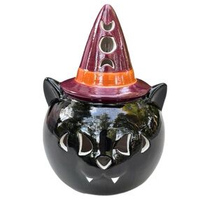 Black Cat with Witch Hat Ceramic Light Up Decor